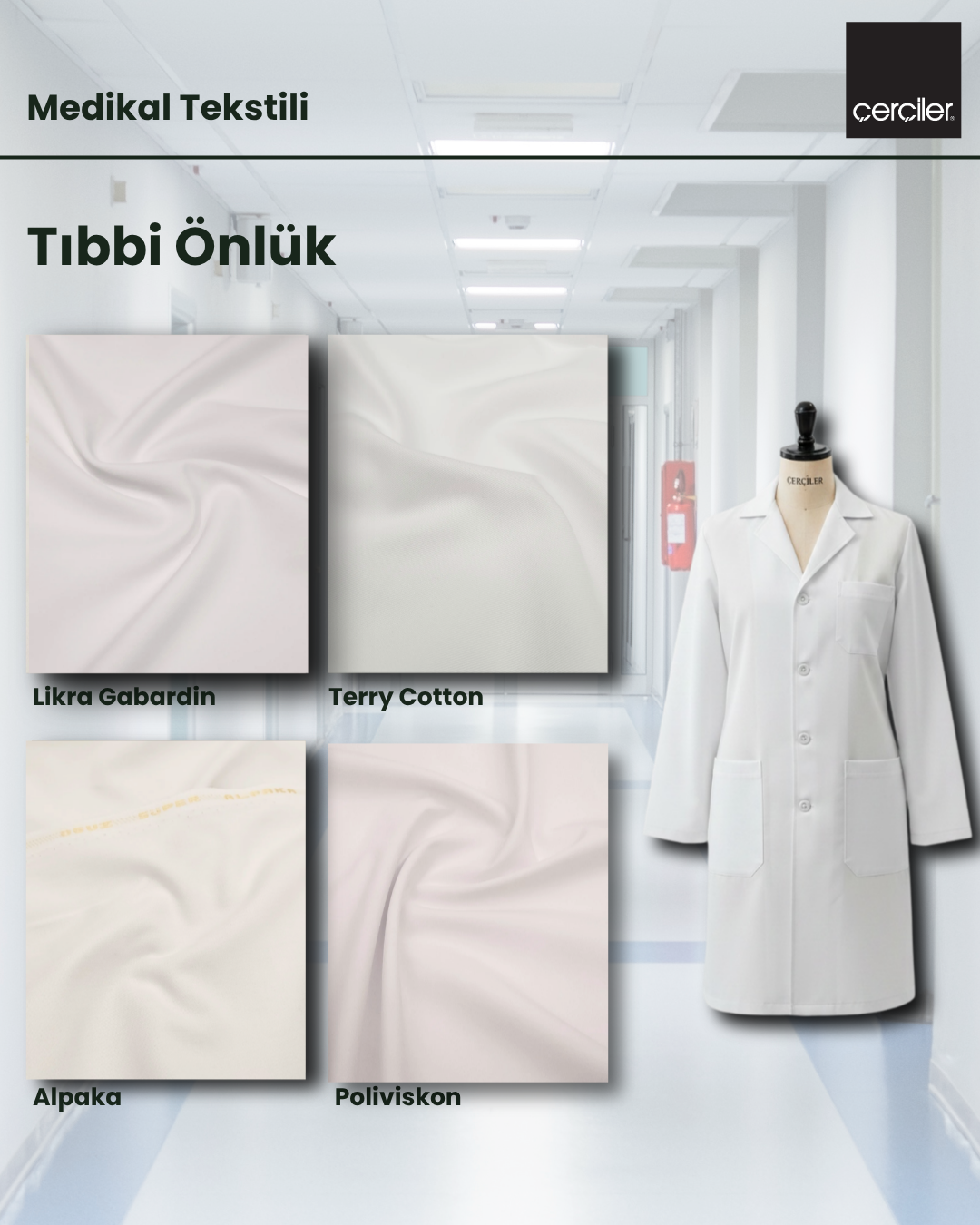 Tıbbi önlük kumaşları: Likra Gabardin, Terry Cotton, Alpaka ve Poliviskon beyaz kumaş örnekleri