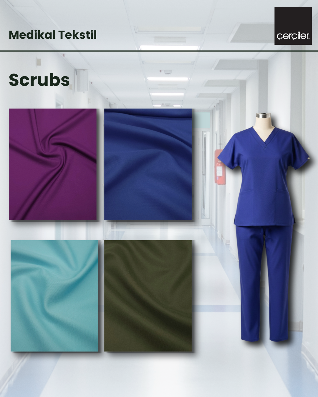 Scrubs kumaşları: mor, saks mavi, turkuaz ve koyu yeşil renk örnekleri ve saks mavi scrubs takım