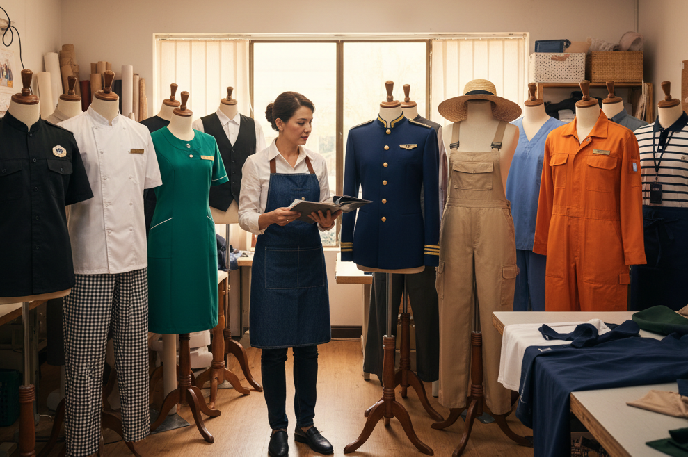 Çeşitli uniformalarla dolu kompakt atölye