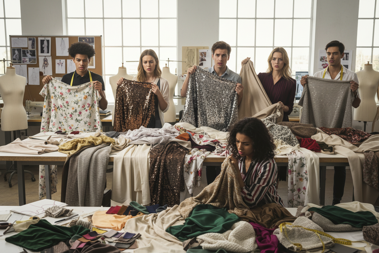 Moda tasarım öğrencileri kumaş seçerken