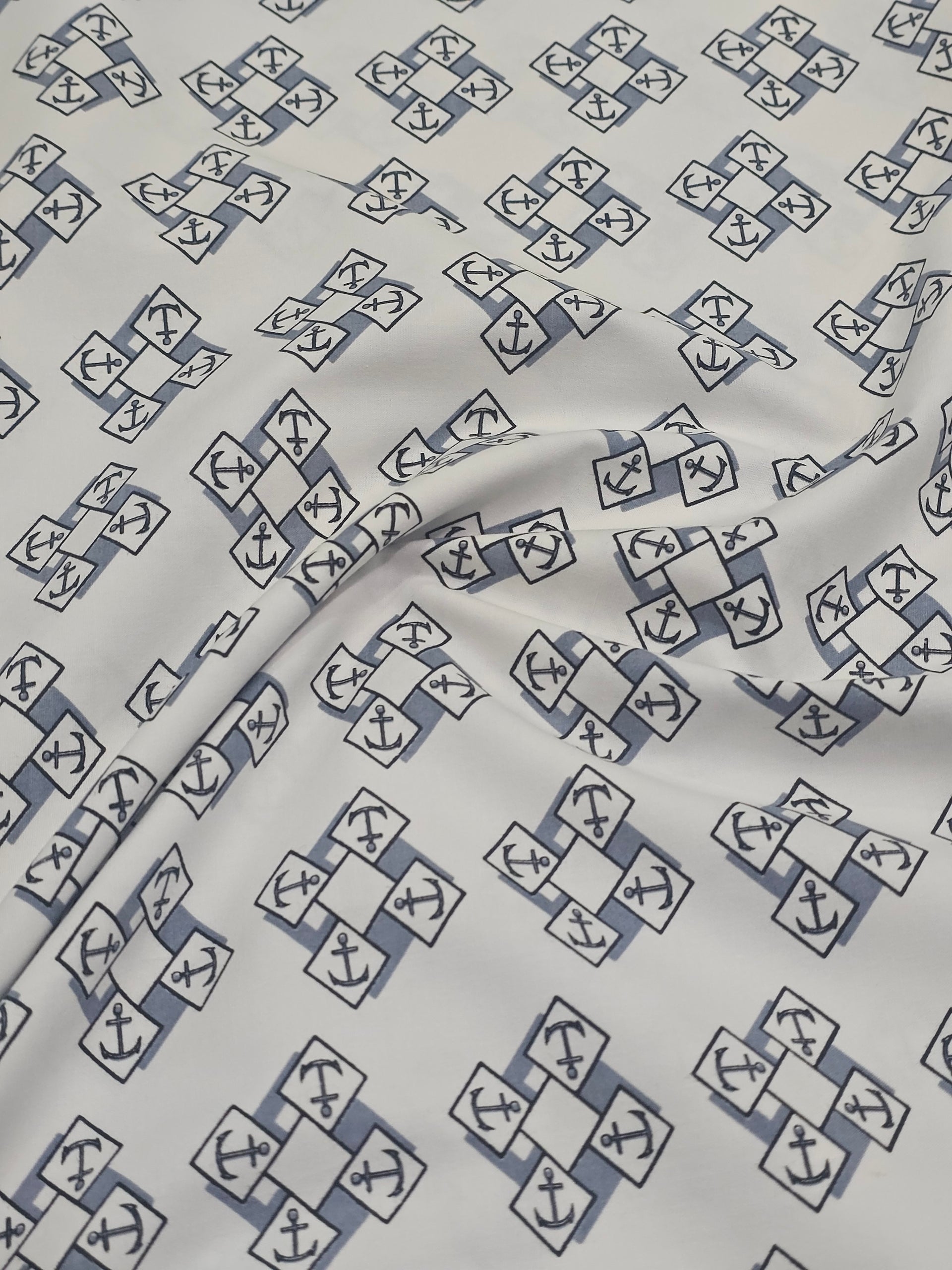 Denizci Desenli Likra Poplin Kumaş